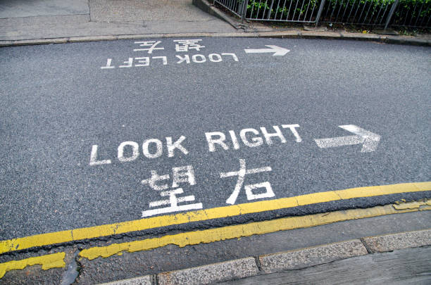 istock Look right/left sign painted on the road,Hong Kong 689883702