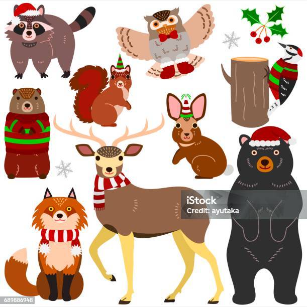 Woodland Animals Christmas Elements Set Stock Illustration - Download Image Now - Animal, Animal Wildlife, Animals In The Wild