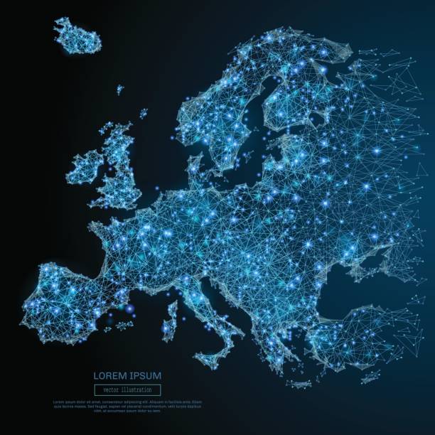 ilustrações de stock, clip art, desenhos animados e ícones de europe map low poly blue - denmark map flag europe