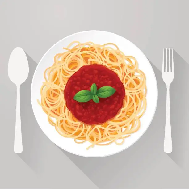 Vector illustration of Spaghetti Pasta with tomato sauce and basil