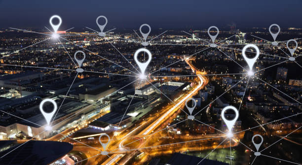 сеть gps навигации современные технологии будущего города - landmarks стоковые фото и изображения