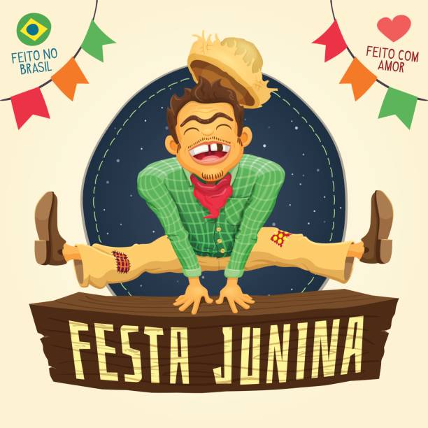 festa junina (brasilianische june party) - happy bauer zeichen überspringen - hinterwäldler stock-grafiken, -clipart, -cartoons und -symbole