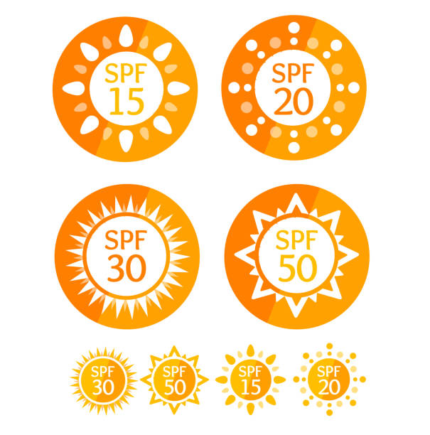 ilustrações de stock, clip art, desenhos animados e ícones de sun cream round orange labels spf set. vector - spray tan body human skin