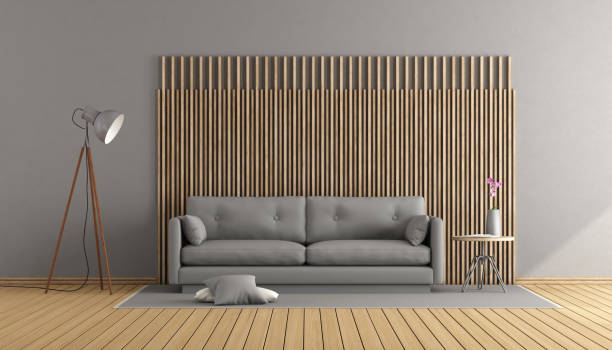 istock Gray and wooden living room 689933034