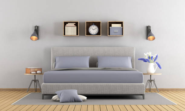 istock Gray and lilac master bedroom 689935420