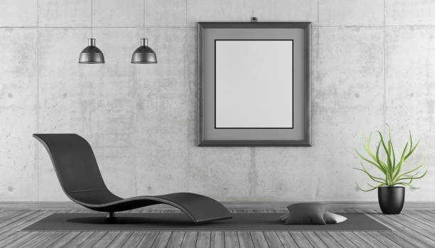 Minimalist living room Minimalist living with black chaise lounge, empty frame and concrete wall - 3d rendering
 chaise longue stock pictures, royalty-free photos & images