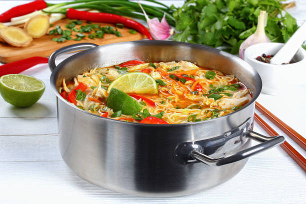 spicy Thai Chicken noodle soup, close-up