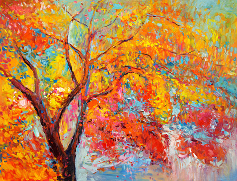 Original oil painting showing beautiful Autumn tree on canvas. Modern Impressionism