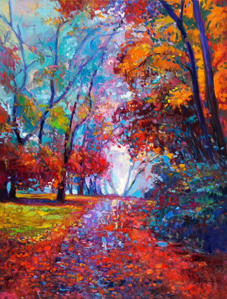 jesienny park - paintings watercolor painting landscape autumn stock illustrations