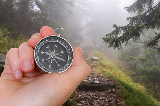 istock Woman with compass is seeking a right way in forest 689940330