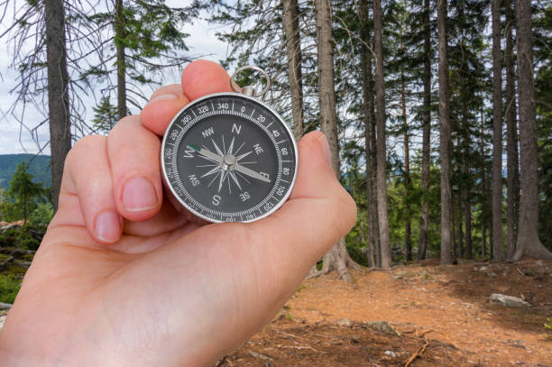 istock Woman with compass is seeking a right way in forest 689944132