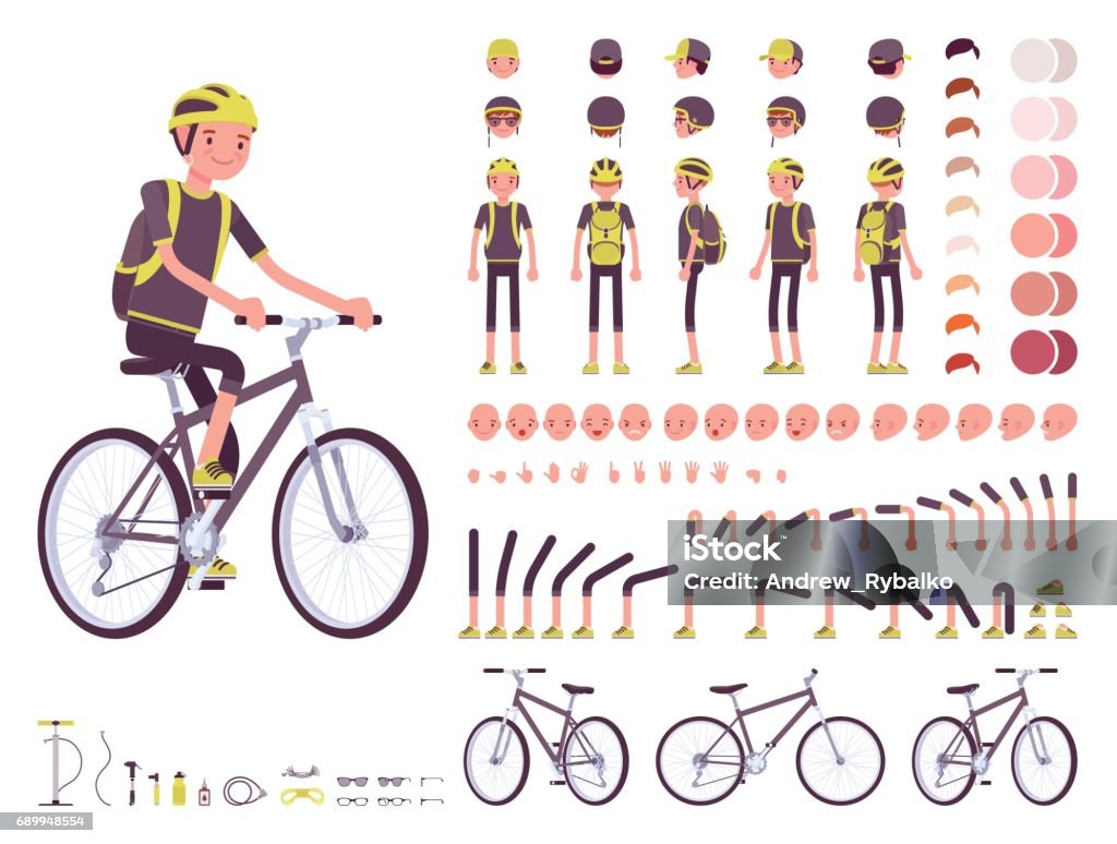 Conjunto de criação de personagens de ciclista masculino - Vetor de Ciclismo royalty-free