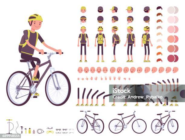 Vetores de Conjunto De Criação De Personagens De Ciclista Masculino e mais imagens de Ciclismo