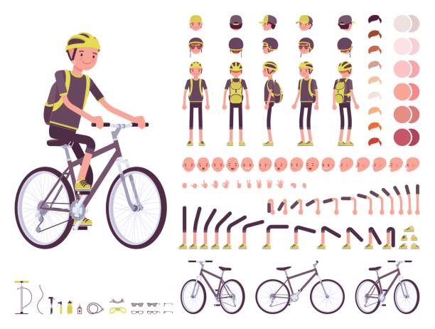 Male cyclist character creation set Male cyclist on sport bike character creation set. Full length, different views, emotions, gestures, isolated on white background. Build your own design. Cartoon flat-style infographic illustration live boy stock illustrations