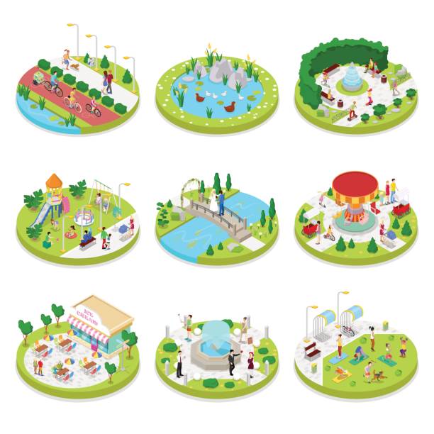 ilustraciones, imágenes clip art, dibujos animados e iconos de stock de parque de la ciudad de isométrica con poca gente - patio fountain illustrations