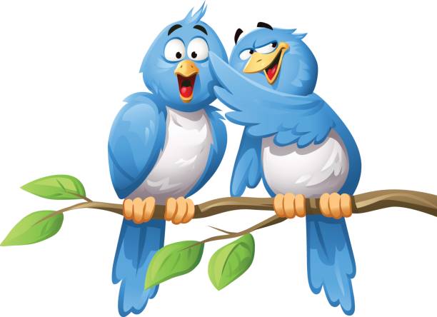 Bird Spreading Rumor Vector illustration of two blue birds sitting on a branch. One bird is whispering into the other birds ear. Concept for social media, twitter, communication, gossip, chatting and spreading rumor. bluebird bird stock illustrations