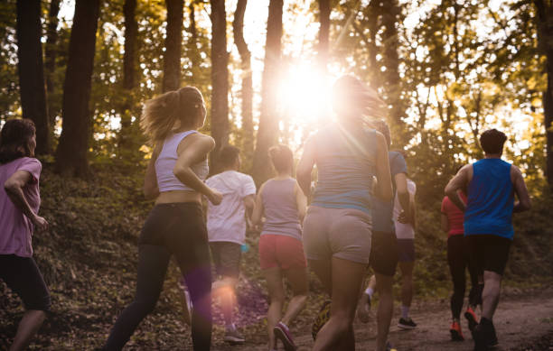 istock Back view of marathon runners during the race through the forest. 689963726