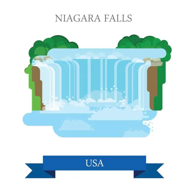 Vector illustration of Niagara Falls in United States / Canada. Flat cartoon style historic sight showplace attraction web site vector illustration. World countries vacation travel sightseeing North America USA collection.