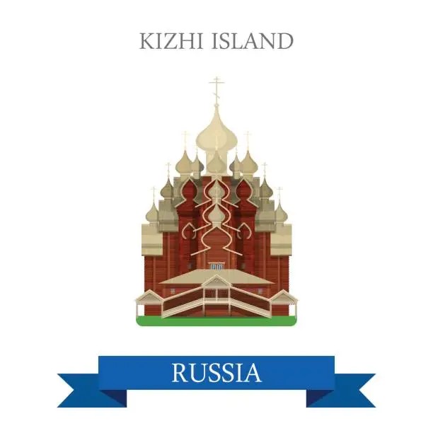 Vector illustration of Kizhi Island in Russia. Flat cartoon style historic sight showplace attraction web site vector illustration. World countries cities vacation travel sightseeing Russian Federation collection.