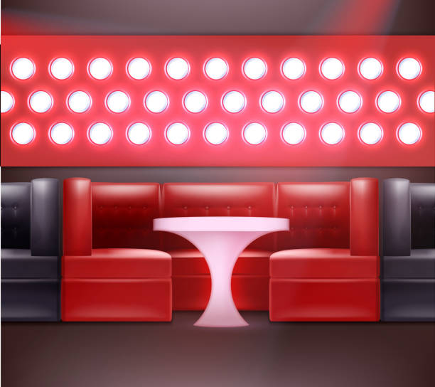 Night club interior Vector night club interior in red, black colors with backlights, armchairs and illuminated table indoors bar restaurant sofa stock illustrations