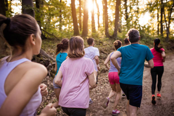 istock Rear view of marathon runners racing through the forest. 689967248