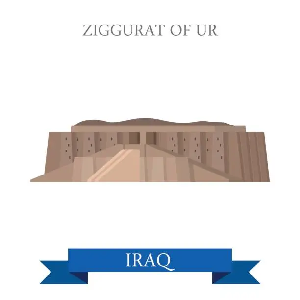Vector illustration of Flat cartoon Ziggurat of UR web site vector illustration. Sightseeing of Iraq in Asia. Landmarks and World famous showplaces concept.