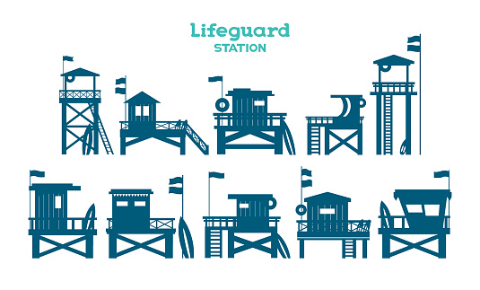 Set with isolated silhouette of lifeguard stations on a white background. Vector illustration with lifeguard towers.