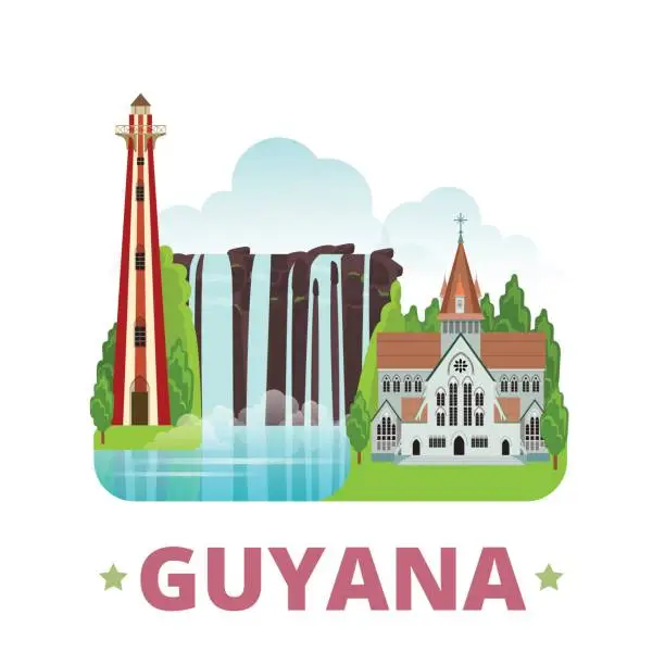 Vector illustration of Guyana country design template. Flat cartoon style historic sight showplace web site vector illustration. World travel sightseeing South America collection. Georgetown Lighthouse St Georges Cathedral.