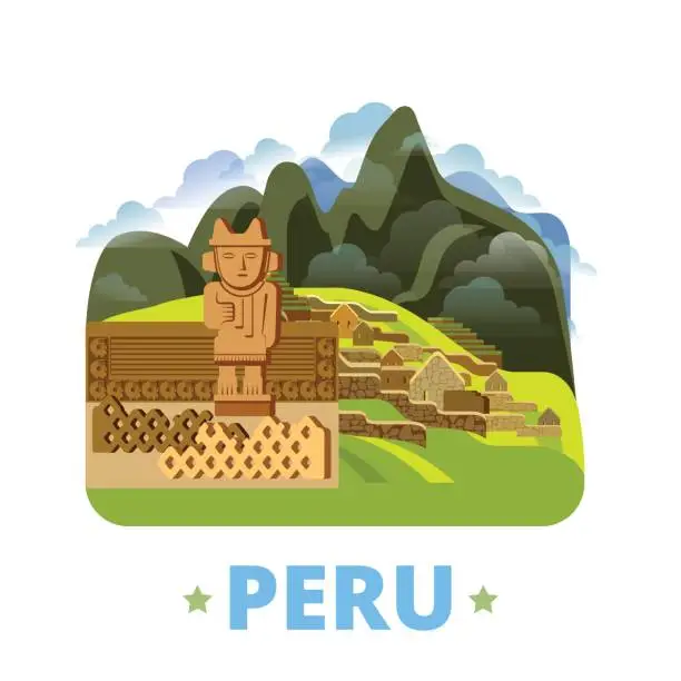 Vector illustration of Peru country design template. Flat cartoon style historic sight showplace web site vector illustration. World vacation travel sightseeing South America collection. Chan Chan in Trujillo Machu Picchu.