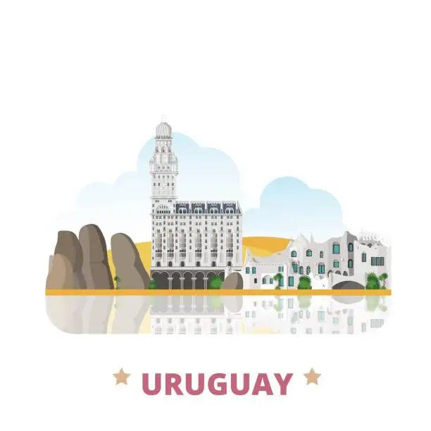 Vector illustration of Uruguay country design template. Flat cartoon style historic sight showplace web site vector illustration. World vacation travel South America collection. Palacio Salvo in Montevideo La Mano Statue.