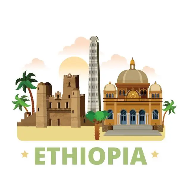 Vector illustration of Ethiopia country flat cartoon style historic sight showplace web site vector illustration. World vacation travel Africa collection. Menelik II Mausoleum in Addis Ababa Fasil Ghebbi Obelisk of Axum.