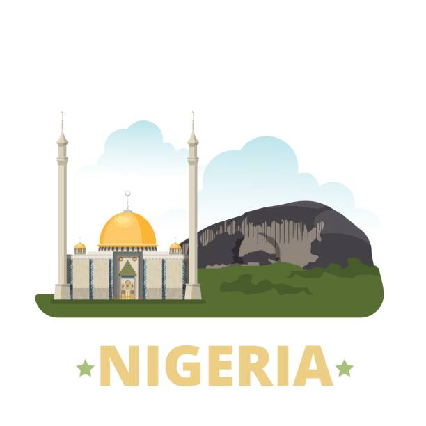 Nigeria country design template. Flat cartoon style historic sight showplace web site vector illustration. World vacation travel sightseeing Africa African collection. Zuma Rock Abuja National Mosque. Nigeria country design template. Flat cartoon style historic sight showplace web site vector illustration. World vacation travel sightseeing Africa African collection. Zuma Rock Abuja National Mosque. abuja stock illustrations
