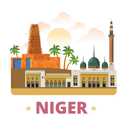 Niger country fridge magnet design template. Flat cartoon style historic sight showplace web site vector illustration. World vacation travel sightseeing Africa African collection. Agadez Niamey Mosque