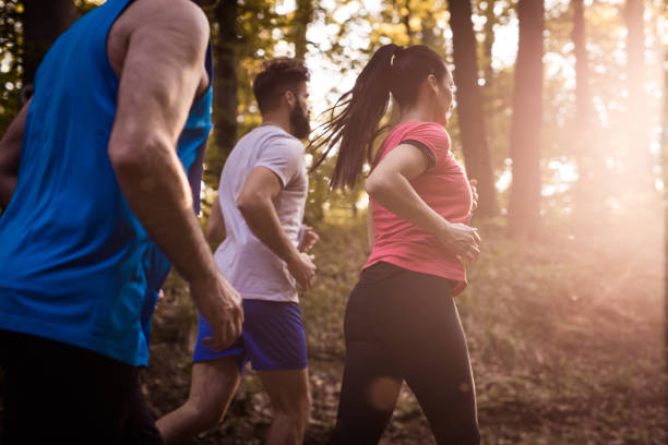istock Small group of athletic people running in nature. 689971236