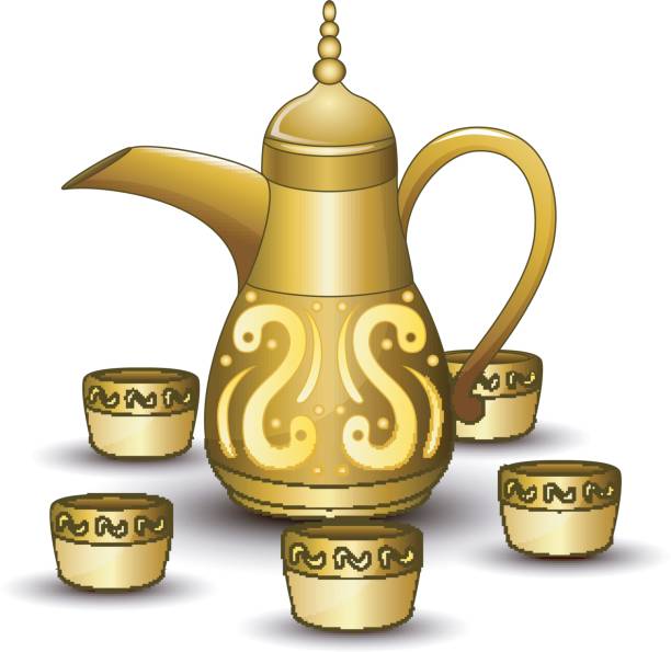 золотой чайник мультфильм с чашкой - beautiful glass gold traditional culture stock illustrations