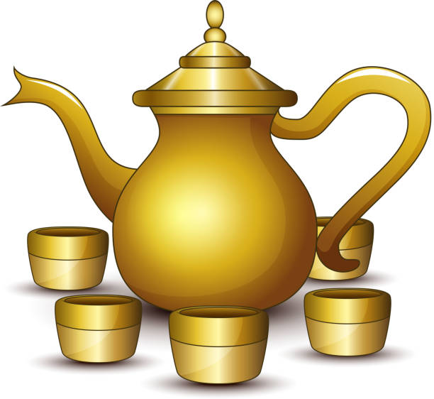 illustrations, cliparts, dessins animés et icônes de caricature de la théière en or avec une tasse - beautiful glass gold traditional culture