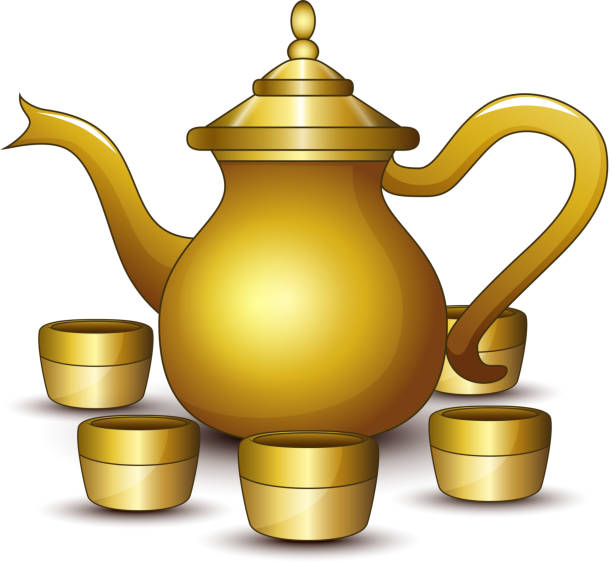 золотой чайник мультфильм с чашкой - beautiful glass gold traditional culture stock illustrations