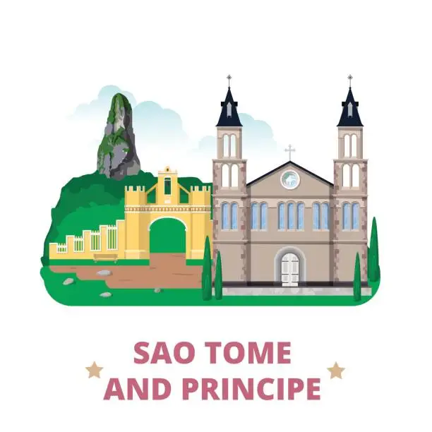 Vector illustration of Sao Tome and Principe countryflat cartoon style historic sight showplace web site vector illustration. World vacation travel Africa African collection. The Cathedral Roca Belo Monte Pico Cao Grande.