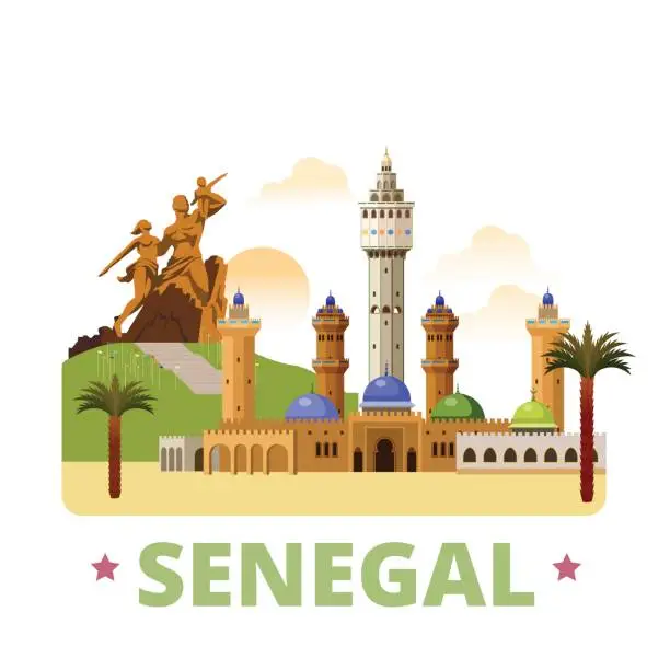 Vector illustration of Senegal country design Flat cartoon style historic sight showplace web site vector illustration. World vacation travel Africa African collection. African Renaissance Monument Great Mosque of Touba.