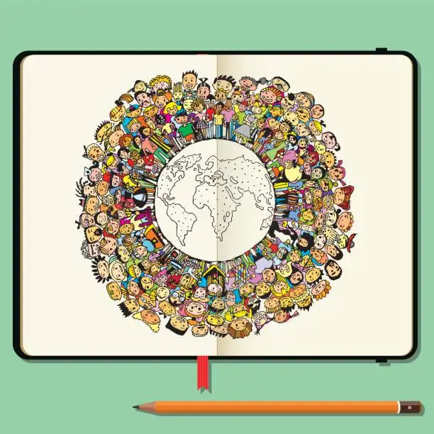 Vector illustration of Happy Cartoon People Around the World. Vector Notebooks with Pencil and Hand Drawn Doodles.
