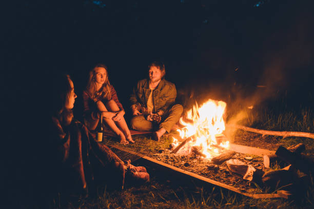 istock Friends have picnic in the forest at night 689983868