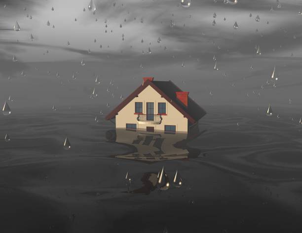 istock Flood concept illustration with house under water. 689984020
