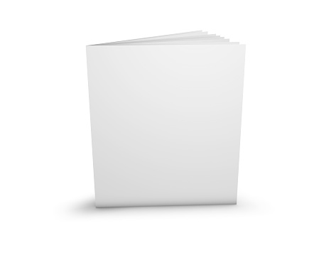 Advertising brochure presentation template with blank cover standing on floor with shadow.