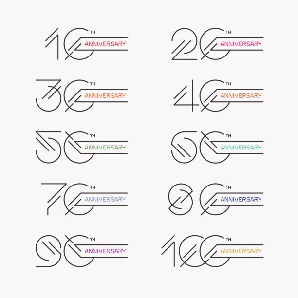 Set of anniversary signs from 10th to 100th. Set of anniversary signs from 10th to 100th. Stock vector illustration. Design elements in modern outline style. 10 year anniversary celebration stock illustrations