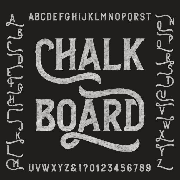 stockillustraties, clipart, cartoons en iconen met chalk board alfabet lettertype met plaatsvervangers - bord bericht