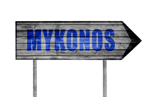 istock Mykonos wooden sign isolated on white 689990720