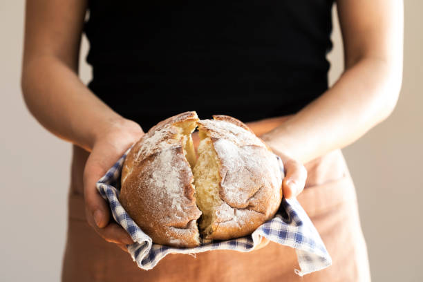 female hand holding hot freshly baked bread - home made bread imagens e fotografias de stock