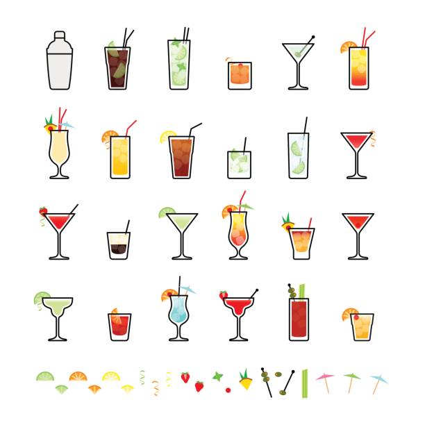 beliebte alkoholische cocktails und cocktail dekorationen - strawberry daiquiri stock-grafiken, -clipart, -cartoons und -symbole