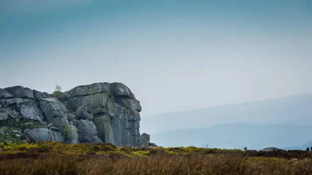 famous Sandstone rock outcrop called Cow and Calf near Ilkley in Yorkshire England