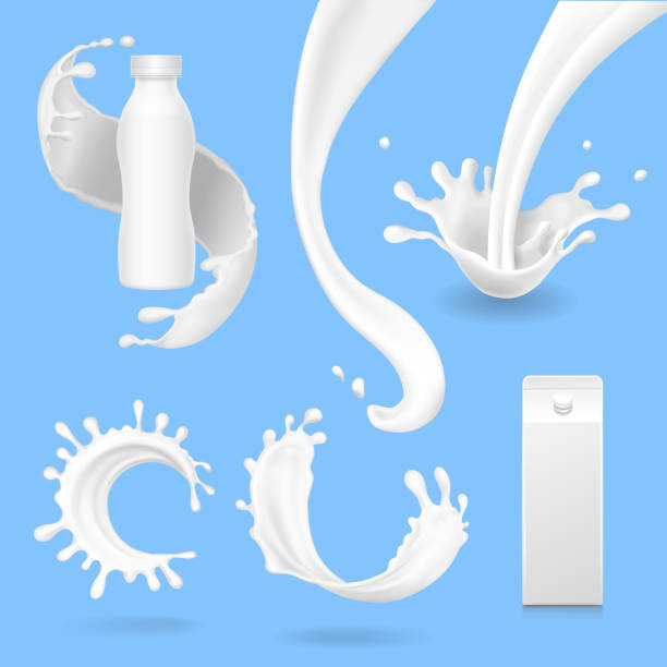 Milk splash and pouring set vector 3d illustration. Milk splash and pouring set vector 3d illustration. Bottle, carton package. lactic acid stock illustrations
